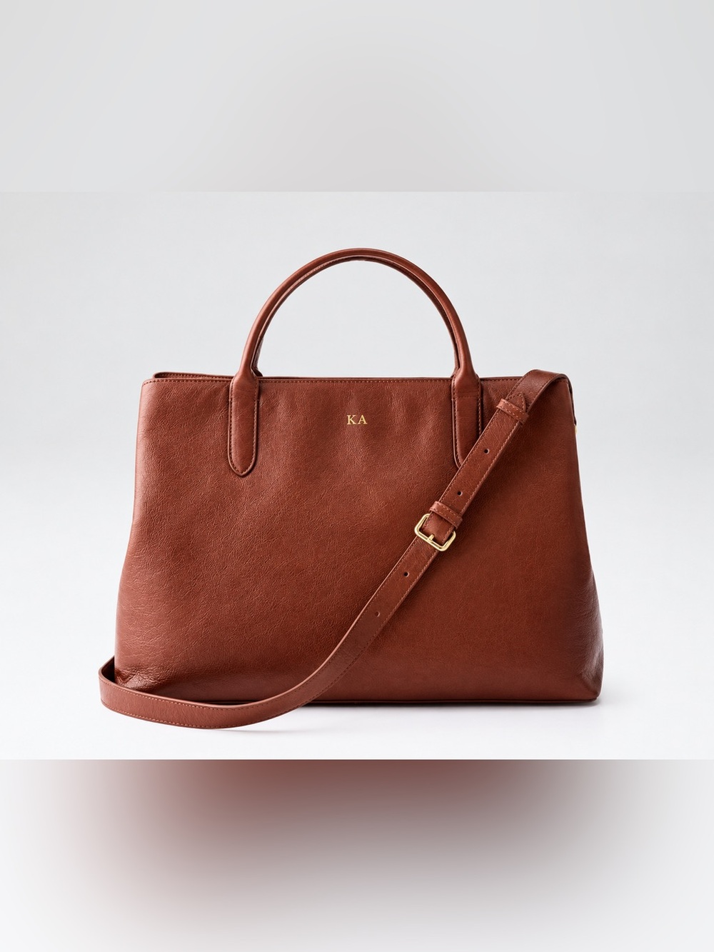 Mark and Graham Caroline Leather Handbag in Tobacco Brown with KA Monogrammed